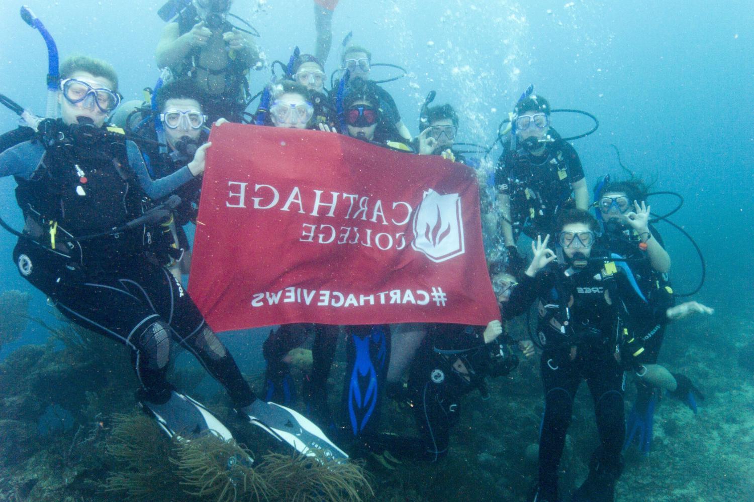学生们手持<a href='http://sfs.0595idc.net'>bv伟德ios下载</a>旗帜，在j学期洪都拉斯游学之旅中潜水.